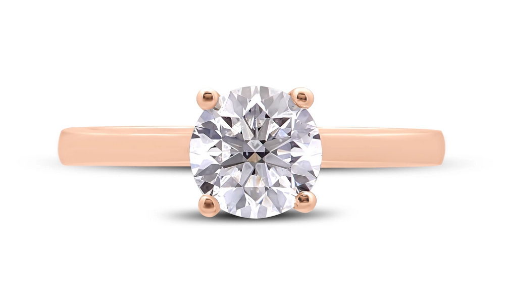 Bague diamant 1 carat Solitaire diamant Naturelle en or rose 18k à quatre griffes et cathédrale
