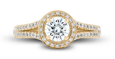 Bague de fiançailles en or jaune 18k, halo sur anneau fendu et pavé. Modèle Majestueuse.