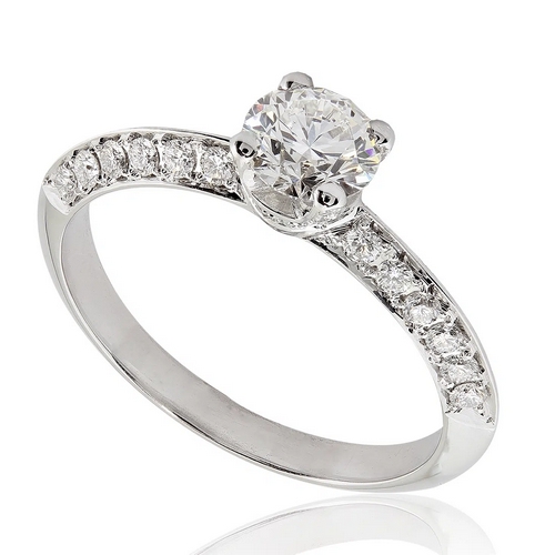 Bague de fiançailles en diamant Scintillante en or blanc palladié avec épaules pavées et biseautées