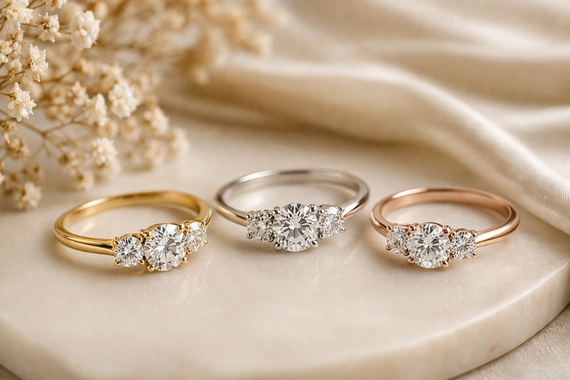 Bague trilogie déclinée en or jaune, en or blanc et en or rose.