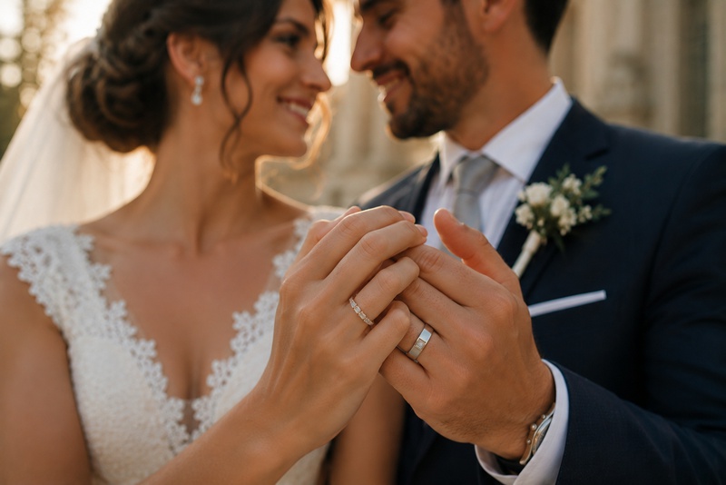 Couple présentant leurs alliances en diamant assorties le jour de leur mariage