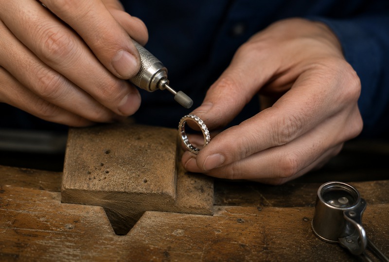 Artisan réalisant les dernières finitions su une alliance tour complet en diamant