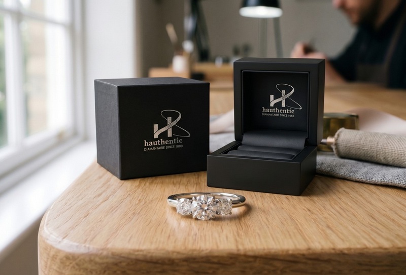 Bague trilogie en or blanc et diamant présentée près d'un écrin de luxe Hauthentic