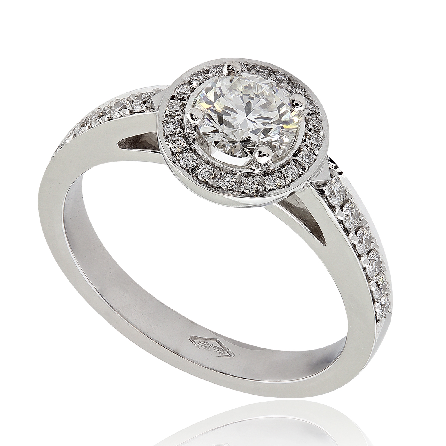 Bague de fiançailles Somptueuse en or blanc 18k, halo épaulé de diamants