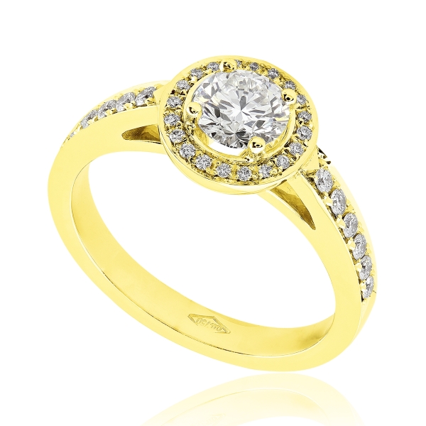 Bague de fiançailles Somptueuse en or jaune 18k, halo épaulé de diamants