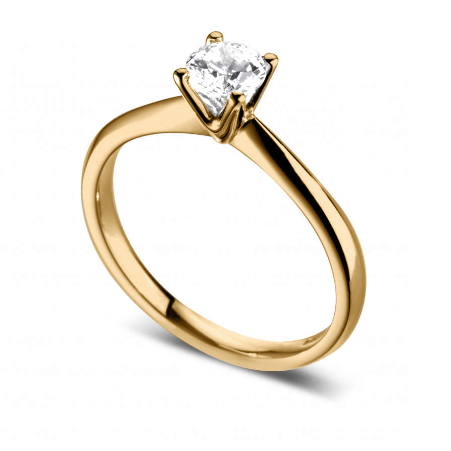 Bague de fiançailles Ravissante, solitaire quatre griffes classique en or jaune 18k