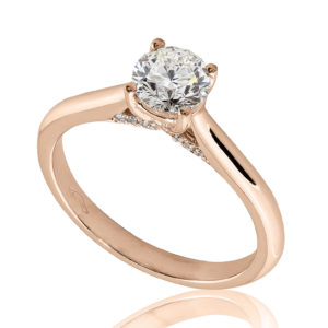 Délicate : Bague de fiançailles en or rose 18k au pavage latéral. Pavage latéral 20 diamants G/VS.