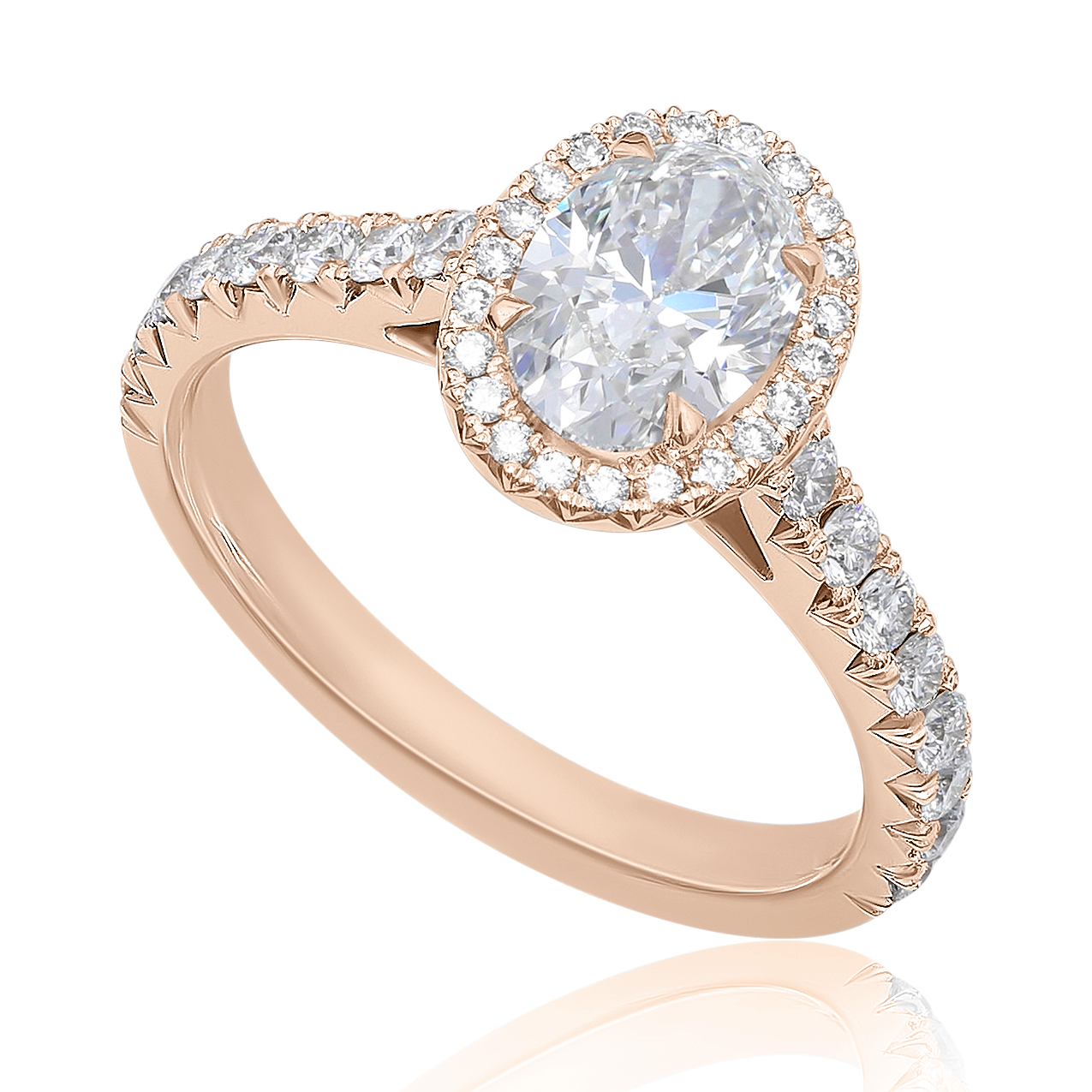 Bague de fiançailles ovale Exquise en or rose 18k à halo et épaulée de diamants