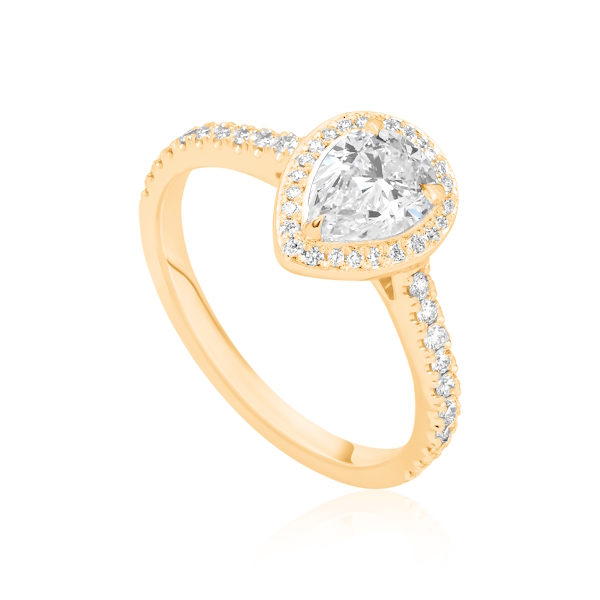 Bague diamant poire Passionnée en or rose 18k à halo et épaulée de diamants