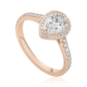 Passionnée : Bague diamant poire en or rose 18k à halo et épaulée de diamants. Halo et épaules serties 48 diamants G/VS total 0.21 carats.