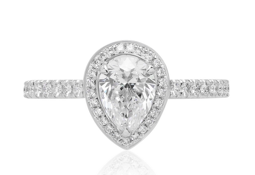Bague de promesse en diamant Passionnée, platine et diamant poire avec halo et pavage