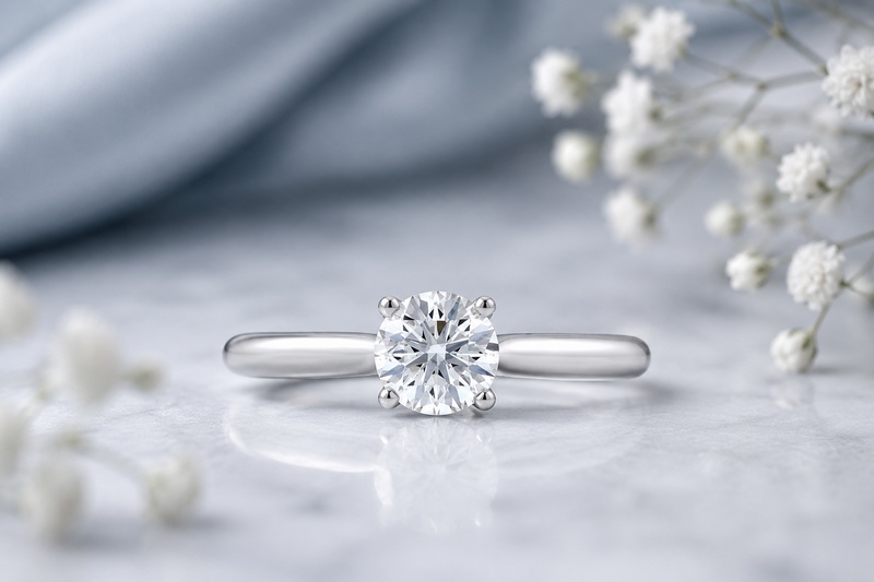 Bague de fiançailles solitaire en or blanc 18k présentée de face