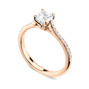 Luxuriante : Bague diamant en or rose 18k aux épaules serties et cathédrale. Épaules serties grains 20 diamants G/VS total 0.08 carats.