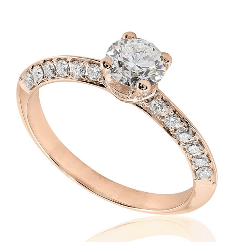 Bague de fiançailles en diamant et or rose avec micropavage sur épaules biseautées. Modèle Scintillante.