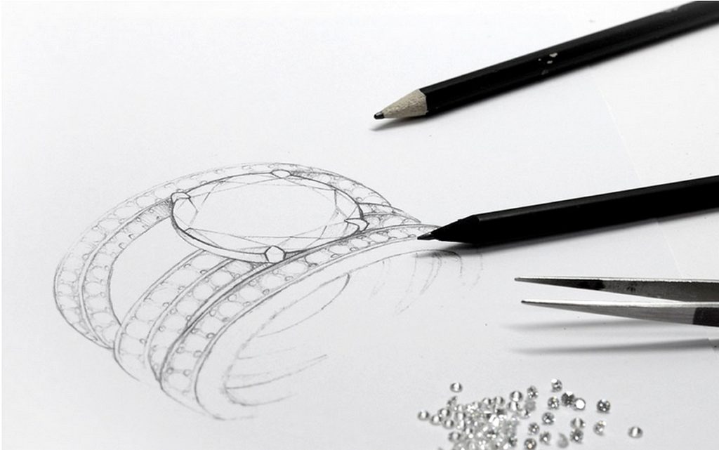 Croquis d'une bague de fiançailles en diamant sur mesure.