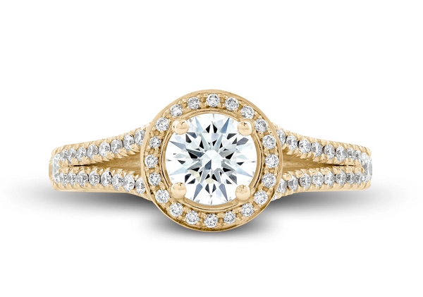 Bague de fiançailles en or jaune 18k, halo sur anneau fendu et pavé. Modèle Majestueuse.