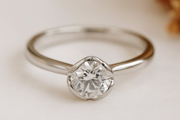 Solitaire diamant Romantique en or blanc 18k, au chaton formant un coeur