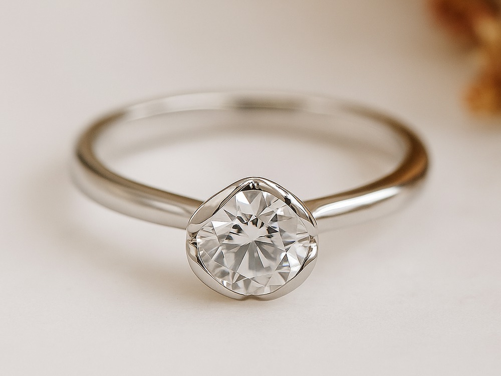 Solitaire diamant Romantique en or blanc 18k, au chaton formant un coeur