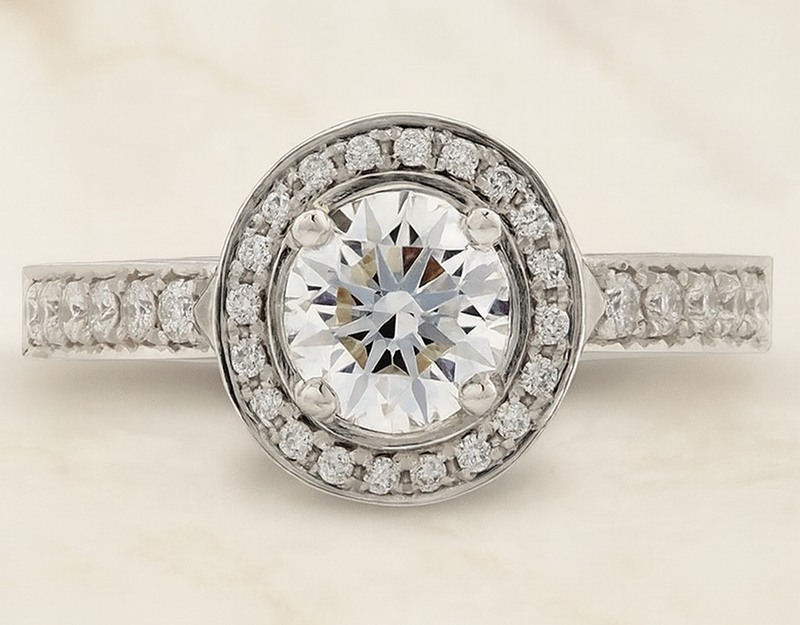 Bague Somptueuse en or blanc et diamant en halo avec épaules pavées