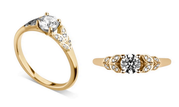 Bague de fiançailles en or jaune et diamant aux épaules serties de feuilles de diamants. Modèle Florissante.