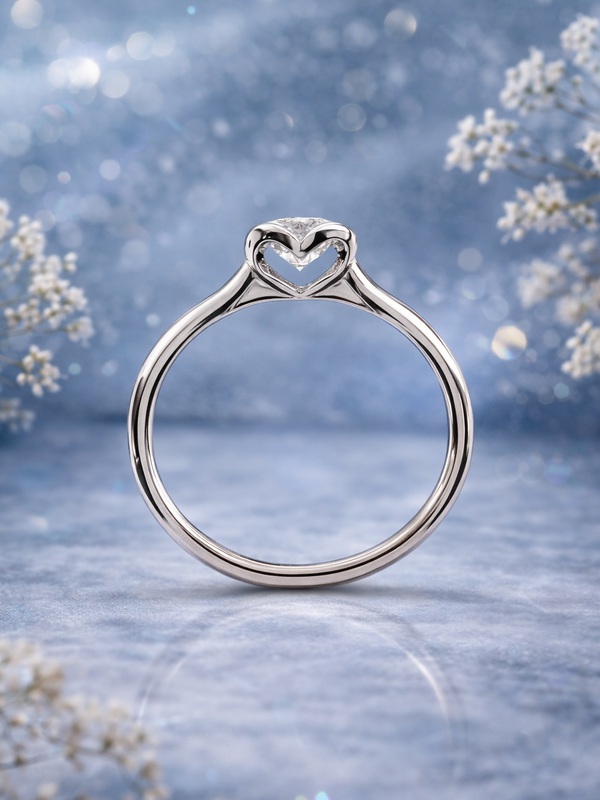 Bague solitaire en diamant Romantique en platine 950 massif, au chaton formant un cœur