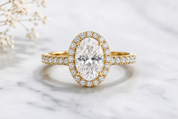 Bague de fiançailles en or jaune avec halo de diamants et épaules pavées créée sur mesure
