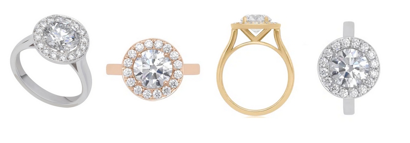 Bague de fiançailles avec halo et cathédrale, proposée en or blanc, en or rose, en or jaune et en platine. Modèle Protégée.