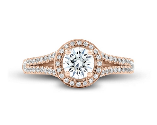Bague de fiançailles en or rose et diamant avec halo et pavage. Modèle Majestueuse.