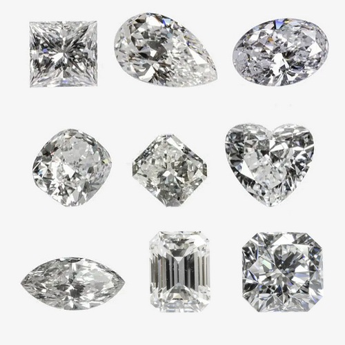 Différentes formes de diamant fantaisie (de gauche à droite, et de haut en bas). Princesse, Poire, Ovale, Coussin carré, Radiant, Cœur, Marquise, Émeraude et Flanders