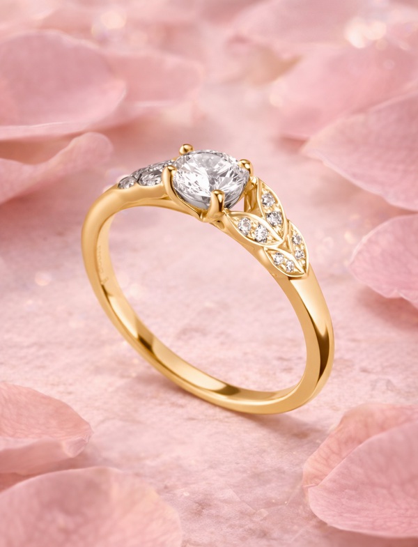 Bague de fiançailles Florissante en or jaune 18k au design original, avec feuilles serties de diamants