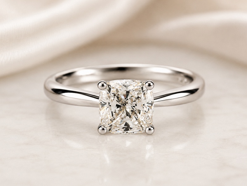 Bague Féminine sertie d'un diamant solitaire coussin