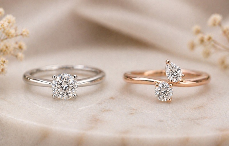 Bague en diamant solitaire et bague Toi et Moi à deux diamants