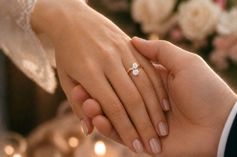 Bague de fiançailles Toi et Moi ornée de deux diamants ronds offerte lors de la demande en mariage
