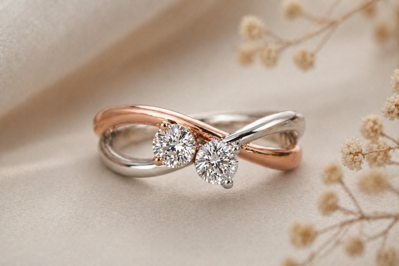 Bague Toi et Moi ornée de deux diamants ronds. Elle possède un double anneau en or blanc et en or rose qui s'entremêlent.