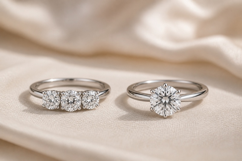 Bague trilogie ornée de trois diamants ronds, placée près d'une bague en diamant solitaire.