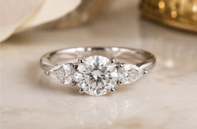 Bague trilogie ornée d'un diamant rond brillant central et de deux diamants poire sur les côtés.
