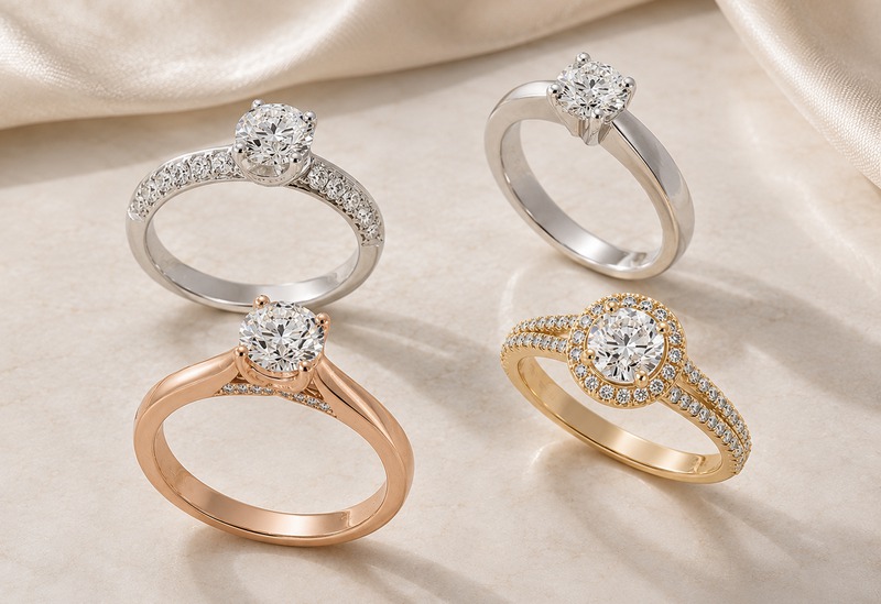 Présentation de quelques modèles de bagues de fiançailles Hauthentic : Scintillante en or blanc (micropavée sur épaules biseautées), Moderne en platine (solitaire classique à quatre griffes), Délicate en or rose (solitaire au pavage latéral) et Majestueuse en or jaune (halo sur anneau fendu et pavé).