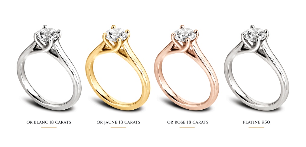 Solitaire Raffiné disponible en or blanc, en or jaune, en or rose et en platine.