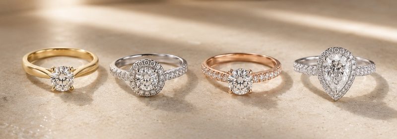 Bagues de fiançailles en or jaune, en or blanc, en or rose et en platine