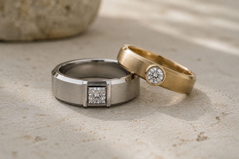 Deux bagues pour homme ornées de diamants rond brillant et princesse