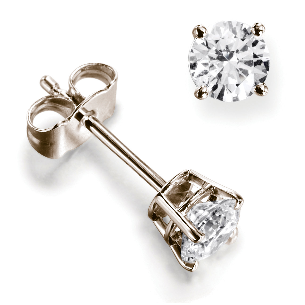 Belles boucles d’oreilles diamant en or rose 18k, quatre griffes et panier