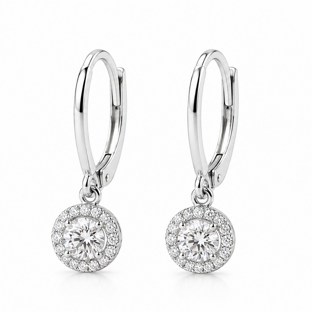Éblouissantes boucles d’oreilles dormeuses en diamant et or blanc 18k avec halo
