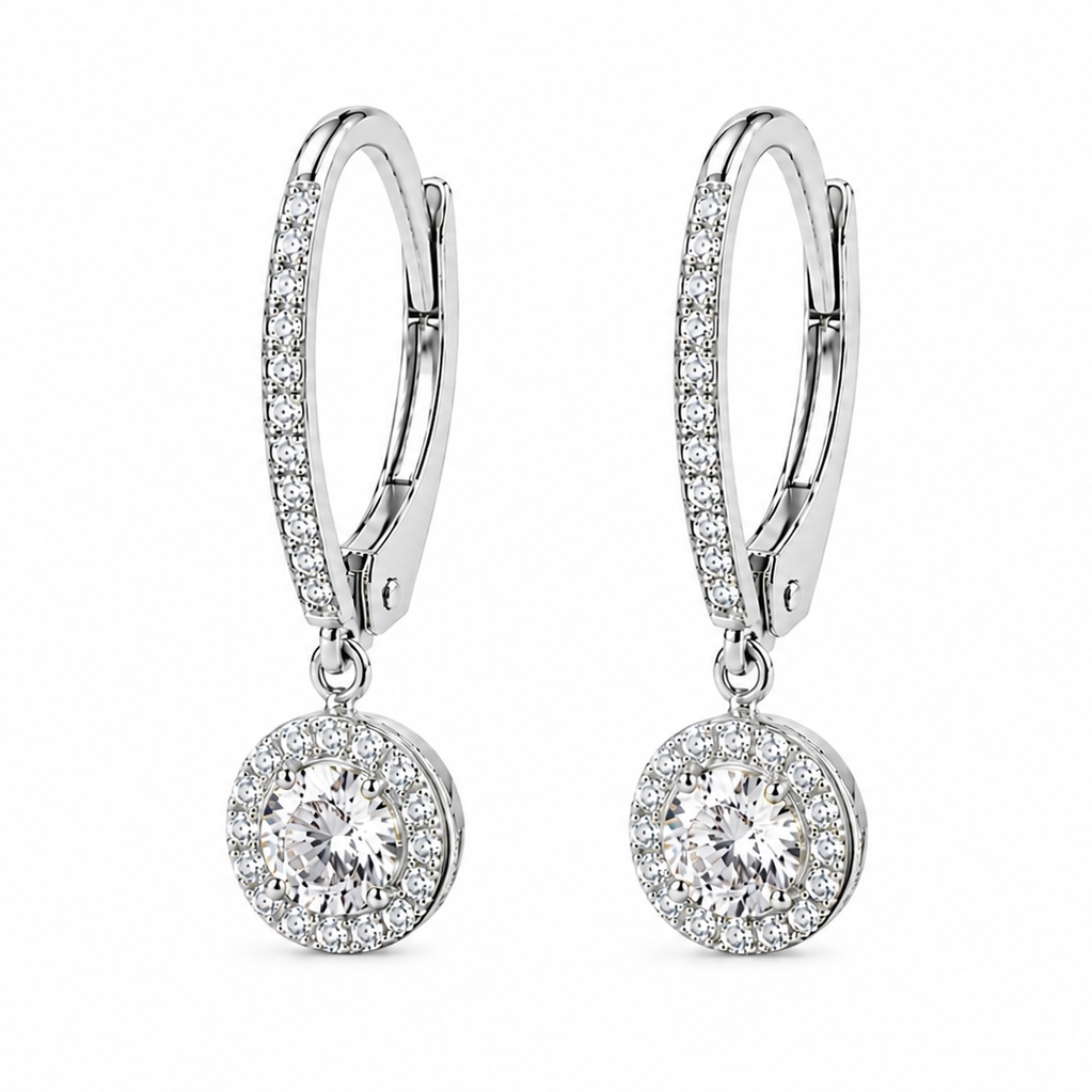 Boucles d’oreilles dormeuses Exquises en diamant et or blanc 18k avec halo et corps serti