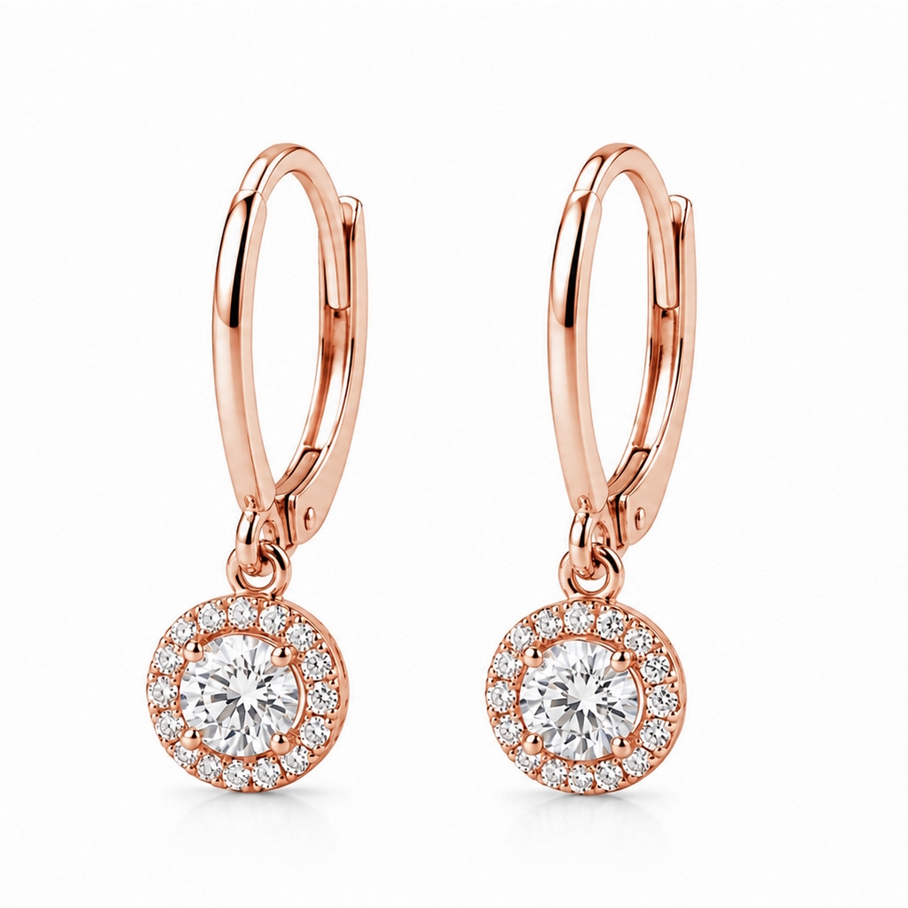Éblouissantes boucles d’oreilles dormeuses en diamant et or rose 18k avec halo