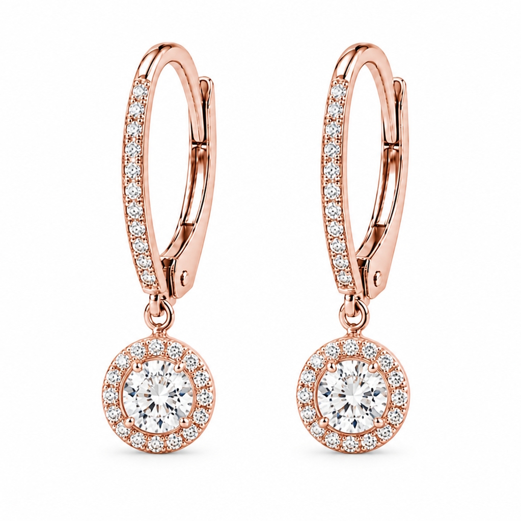 Boucles d’oreilles dormeuses Exquises en diamant et or rose 18k avec halo et corps serti