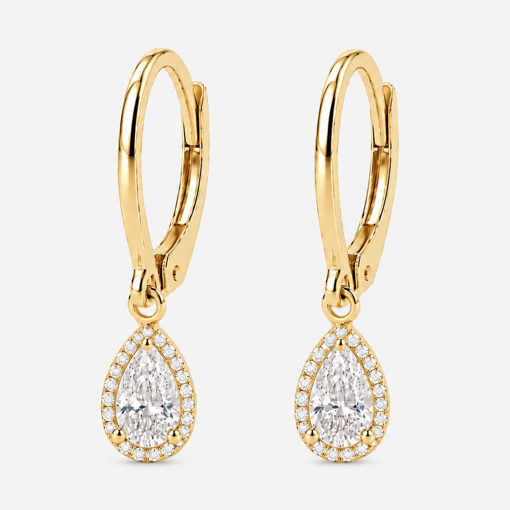 Boucles d’oreilles dormeuses Passionnées en diamant taille poire et or jaune 18k avec halo