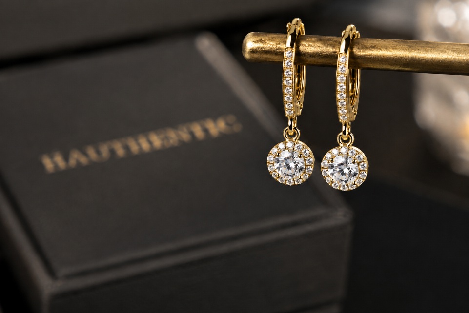Paire de boucles d'oreilles dormeuses avec diamant, halo et pavage sur l'anneau.