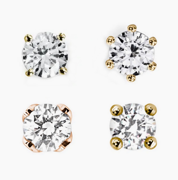 Différents modèles de griffes sur boucles d'oreilles en diamant