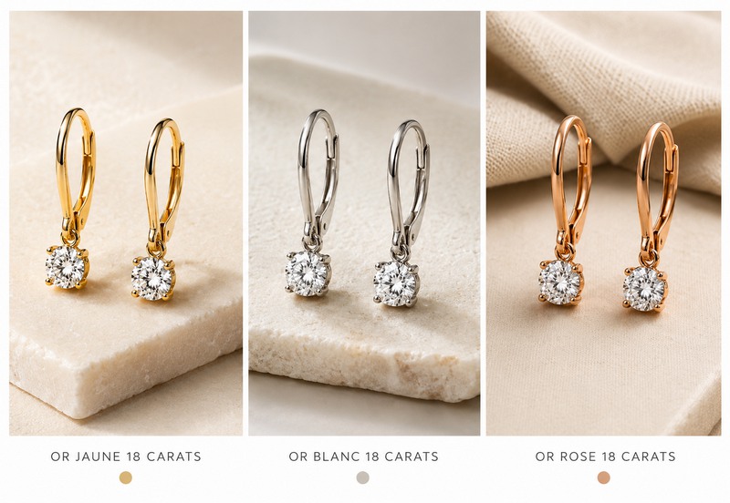 boucles d'oreilles dormeuses déclinées en or jaunes, en or blanc et en or rose 18 carats.
