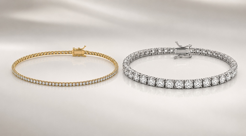 Comparaison de deux bracelets tennis comprenant soit des diamants de 0,01 carat chacun, soit des pierres de 0.50 carat chacune.